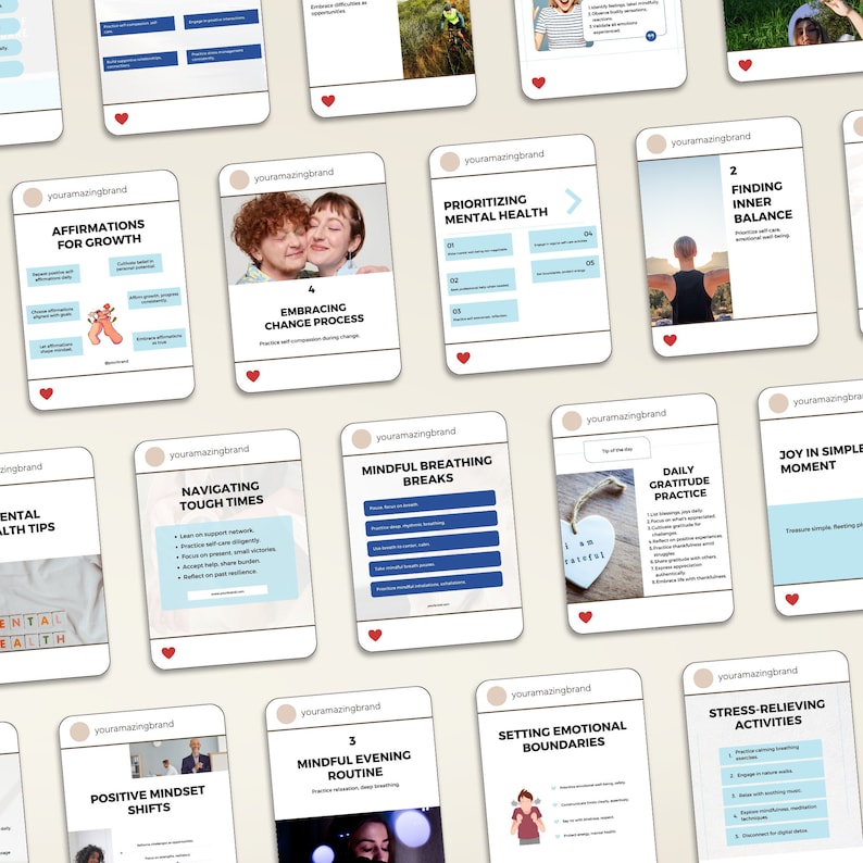 May include: A collection of 12 Instagram story templates with tips for mental health, self-care, and mindfulness. The templates feature a variety of colors and designs, including pink, blue, and green. Each template includes a title and a list of tips or suggestions.