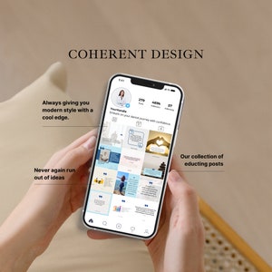 May include: A screenshot of a mobile phone displaying a social media profile with the text "COHERENT DESIGN" at the top. The profile has 279 posts, 469k followers, and 57 people following. The profile's bio reads "Embark on your dental journey with confidence." The profile's grid of posts features a variety of images and text, including a woman in a white coat, a heart shape made of hands, and a stack of stones. The text "Our collection of educating posts" is visible at the bottom right of the screen.