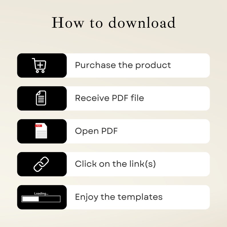 May include: A black and white graphic illustration shows a step-by-step guide on how to download digital templates. The steps include purchasing the product, receiving a PDF file, opening the PDF, clicking on the link, and enjoying the templates.