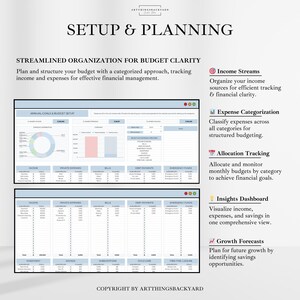 Może przedstawiać: Cyfrowy planer budżetu w jasnoniebieskim i białym kolorze z tekstem "Setup & Planning" i "Streamlined Organization for Budget Clarity". Planer zawiera sekcje dotyczące strumieni dochod&oacute;w, kategoryzacji wydatk&oacute;w, śledzenia alokacji, pulpitu nawigacyjnego i prognoz wzrostu.