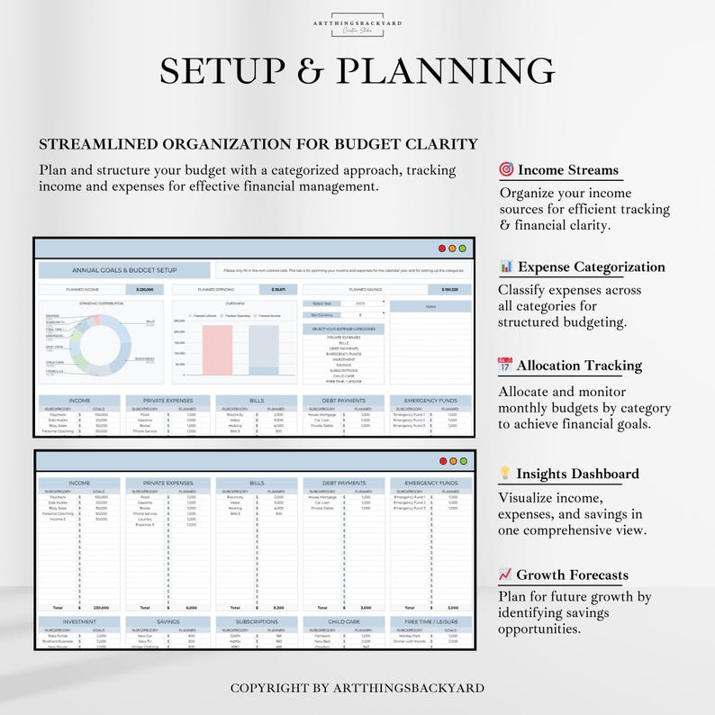 Może przedstawiać: Cyfrowy planer budżetu w jasnoniebieskim i białym kolorze z tekstem "Setup & Planning" i "Streamlined Organization for Budget Clarity". Planer zawiera sekcje dotyczące strumieni dochod&oacute;w, kategoryzacji wydatk&oacute;w, śledzenia alokacji, pulpitu nawigacyjnego i prognoz wzrostu.