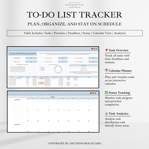 Może przedstawiać: Drukowalny tracker listy rzeczy do zrobienia z widokiem kalendarza, przeglądem zadań, śledzeniem statusu i analizą zadań. Drukowalny zawiera tabelę z kolumnami dla zadań, priorytet&oacute;w, termin&oacute;w, statusu i widoku kalendarza. Drukowalny został zaprojektowany, aby pom&oacute;c użytkownikom w planowaniu, organizowaniu i przestrzeganiu harmonogramu.
