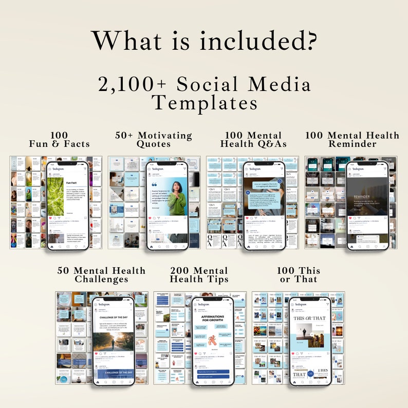 May include: A collage of images showing different types of social media templates for mental health. The templates include fun facts, motivational quotes, mental health Q&As, mental health reminders, challenges, tips, and this or that questions.