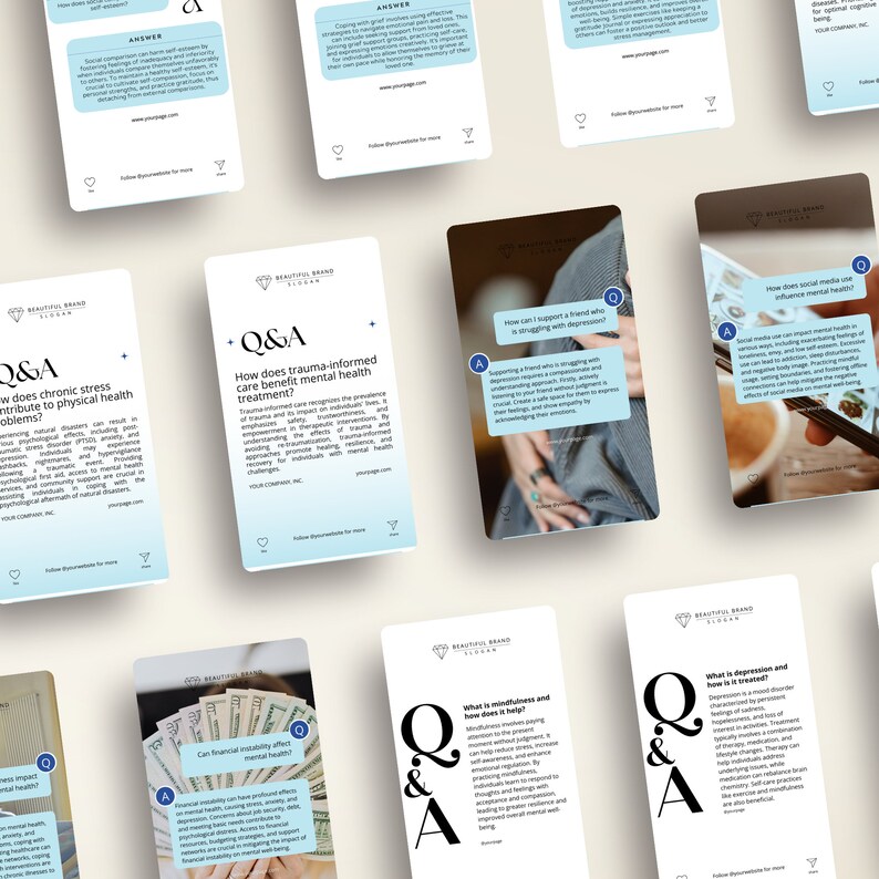 May include: A collection of colorful cards with a question and answer format. The cards feature a light blue background with a white circle containing the text "Q&A" in black. The cards are arranged in a staggered pattern, with the top of each card visible. The text on the cards is about mental health and well-being.