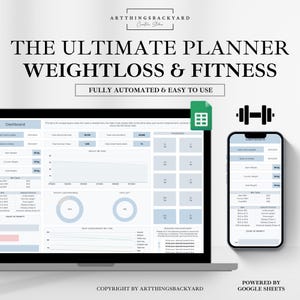 Może przedstawiać: Cyfrowy szablon planera odchudzania i fitness dla Google Sheets. Szablon zawiera pulpit nawigacyjny z sekcjami do śledzenia wagi, spalonych kalorii, dziennego stosunku makro i informacji o treningu. Szablon zawiera również sekcję do ustalania celów i śledzenia postępów. Szablon jest w pełni zautomatyzowany i łatwy w użyciu.