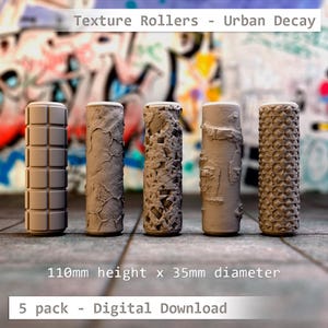 May include: Five texture rollers with different surface designs, including squares, cracks, and patterns. Each roller is cylindrical, approximately 11 cm tall and 3.5 cm in diameter. The text "Texture Rollers - Urban Decay" and "5 pack - Digital Download" are visible.