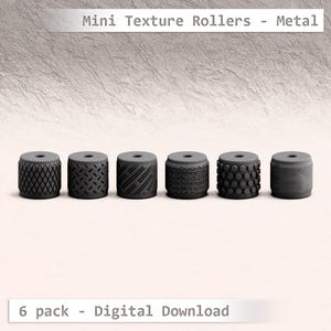 Op de afbeelding: Zes kleine zwarte metalen textuurrollers met verschillende patronen. Mini Texture Rollers - Metal. 6 pack - Digitaal Download.