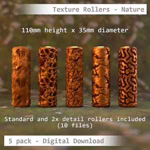 May include: Five copper-colored texture rollers for creating different nature-inspired patterns. Each roller is 110mm high and 35mm in diameter. The set includes standard and detail rollers, for a total of 10 files.