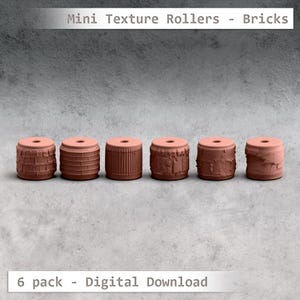 May include: Six mini texture rollers for creating brick patterns. The rollers are made of a light brown plastic and have different brick patterns. The text "Mini Texture Rollers - Bricks" is at the top of the image. The text "6 pack - Digital Download" is at the bottom of the image.
