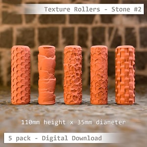 May include: Five orange texture rollers with different stone-like patterns. The rollers are 4.3 inches high and 1.4 inches in diameter. The text at the top says "Texture Rollers - Stone #2". The text at the bottom says "110mm height x 35mm diameter".