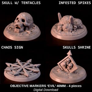 Puede incluir: Cuatro marcadores de objetivo de 40 mm para juegos de mesa. Los marcadores presentan una calavera con tentáculos, púas infestadas, un signo de caos y un santuario de calaveras. Los marcadores están impresos en gris claro.