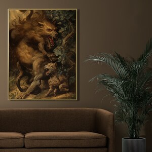 May include: A vintage-style illustration of a snarling wolf with red eyes, standing over a smaller wolf cub. The image is set against a dark green background with a tree trunk and leaves.