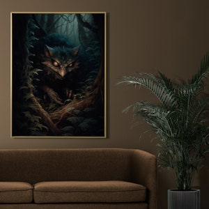 May include: A dark, shadowy creature with glowing red eyes peeks out from behind a thick tangle of green foliage in a dark forest. The creature's fur is a dark grey and its eyes are glowing red. The background is a dark forest with a lot of green foliage.