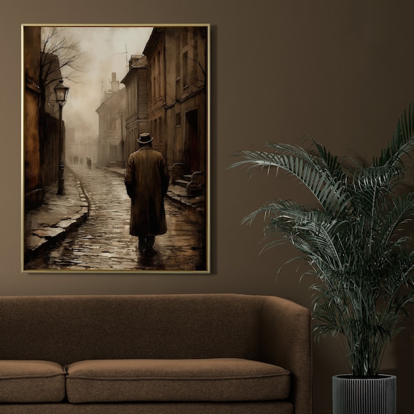 Solitary Wanderer: Vintage Painting Lone Man's Nocturnal Journey Through the Streets, Embracing Loneliness and Reflection Digital Art Print
