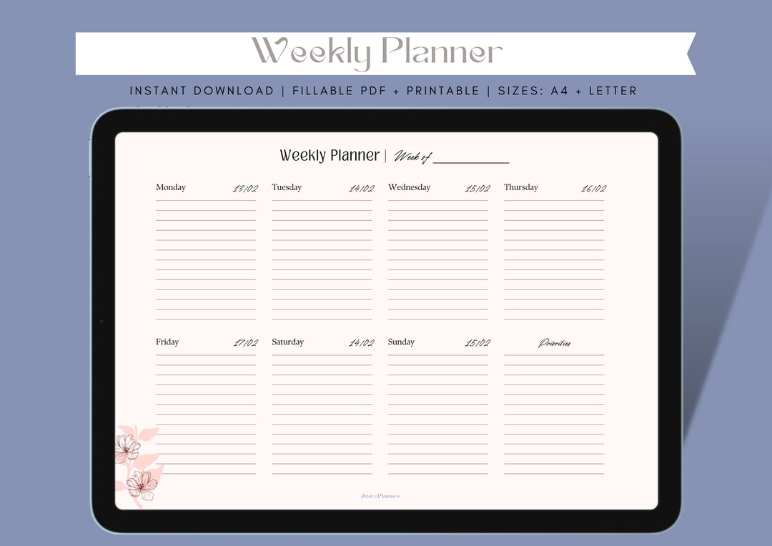 Spring Floral Weekly Planner, ADHD Weekly Planner, Stationery Digital