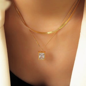 QILE collection double chain diamond pendant｜snake chain necklace｜double chain necklace｜18k gold plated waterproof pendant necklace