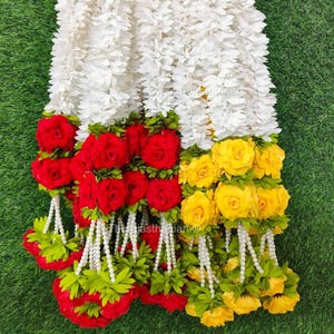 Artificial Jasmine Garland with Rose & Pearl Latkan – Fabric Flower Hanging for Mehndi, Wedding, Party, Door, Home Decor, Diwali Toran