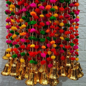 Multicolor Pom Pom Garlands With Bell For Wall Hanging, Wedding Party Backdrop, Colorful Theme, Boho Curtain, Mexican Fiesta Christmas Décor