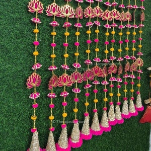 MDF Lotus Beads Pom Pom Gota Cone Hanging – Diwali Pooja Decoration, Wedding Backdrop Garland, Festival Décor for Housewarming,Temple Party