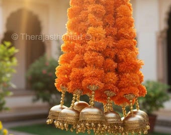 Bright Orange Marigold Flower Garland with Golden Jhumka Bells, Wedding Decoration, Sangeet Backdrop, Haldi Mehendi Decor, Diwali Toran