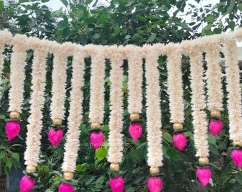 Artificial Pink Lotus Jasmine Toran for Diwali,Sola Wood Flower Door Hanging with Golden Beads|Elegant Fabric Banderwal Décor for Front Door