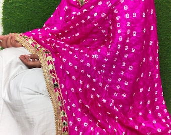 Jaipuri Silk Bhandej Lace Dupatta For Women, Bandhni Colorful Scarf/Chunri/Shawl/Neckwrap Patola Dupatta,Party Wear Silk Matching Odhni