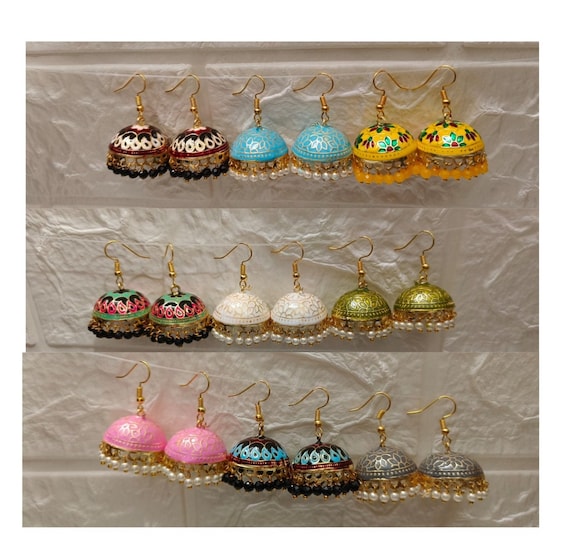 Assorted Lot of Jhumka Hand painted Meenakari Earrings Lightweight Floral Design Rajasthani Style mehndi Sangeet Ceremony Gift for Guest Etsy Canada
