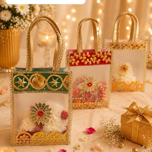 Könnte beinhalten: Drei dekorative Tragetaschen mit goldenen Griffen und Verzierungen. Die Taschen sind transparent und zeigen Blumenarrangements und Verzierungen. Eine Tasche hat grüne Verzierungen, eine andere rote und die dritte orangefarbene. Eine goldene Geschenkbox und verstreute Blütenblätter vervollständigen die Szene.