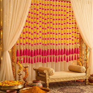 Färgglad ullpompom med pärlor hängande girlang för bröllopsbakgrundsdekor | Nikah-skiljeväggsdekor | Festlig Diwali Durga Pooja-tempeldekor