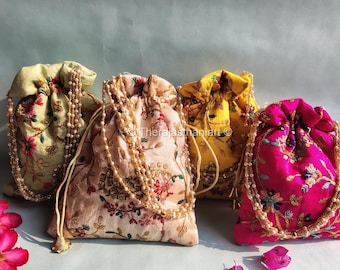 Traditionelle Designer Hand bestickt Potli Beutel mit Perlengriff Perfekt für Nikah, Heena, Haldi Gifting