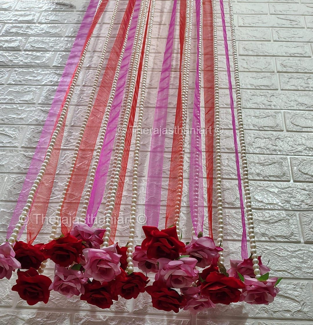 Partition Ribbon Set of 10 Pearl Rose Garlands - Decorative Pink & Red Flower Ribbon for ...