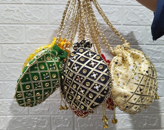 Handcrafted Rajasthani Potli Bag | Royal Silk Clutch with Beadwork And and Gota Patti | Elegant Bridal Purse for Women ,Wedding Favors