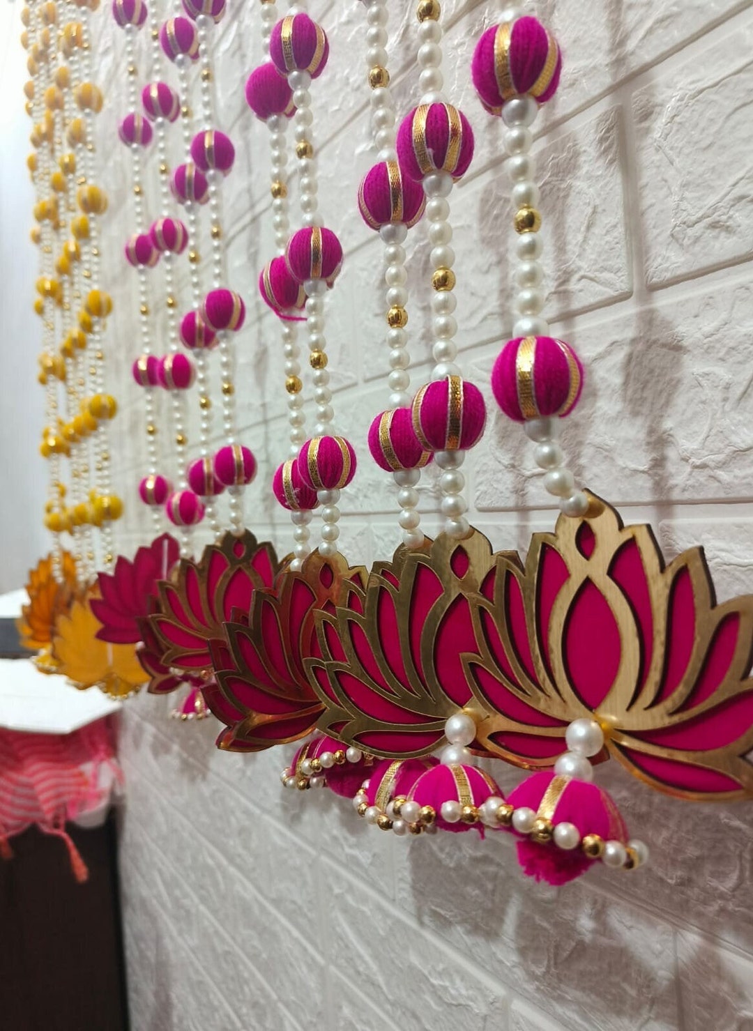 Yellow Ritual Design MDF Lotus Pearl Wall Hanging, Unique Yellow and Pink Garlands for Home ...