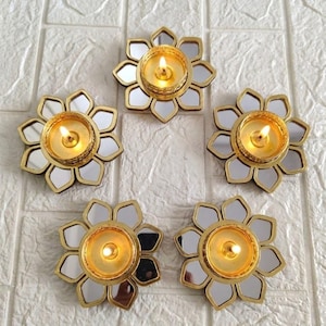 Mirror Work With Lotus Design,Reflective  Tealight Candle Holder | Floral Diya Stand | Diwali Navratri Wedding Return | Handmade Home Décor