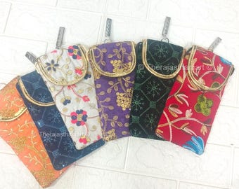 Assorted Embroidered Mobile Pouch | Women's Ethnic Gota Patti Phone Cover | Indian Wedding Party Return Gift, Rakhi Gift, Festive Guest Gift
