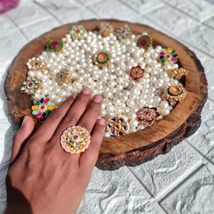 Adjustable Indian Kundan Ring Round Antique Gold,Silver Bridal Jewelry |Vintage Ring | Unique Engagement,Wedding Hand Accessory Gift for Her