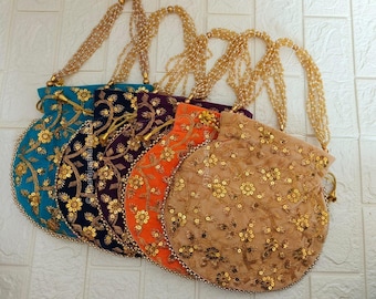Samt bestickte indische Potli-Tasche - Handgefertigte Hochzeits- & Festtagstasche, Partykleidung-Handtasche, Shagun-Rückkehrgeschenk, Designer-Braut-Potli-Taschen