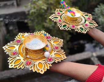 Combo van Haldi, Mehndi Thali, houten plaat van mdf met applicator, pooja, mayonaise, shaadi, decor, handgemaakt dienblad, schotel Indiase huwelijksceremonie Pithi