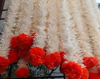 Künstlicher cremefarbener Jasmin mit Ringelblumenschnur für indische Hochzeitsfeier-Dekoration, Jasmin-Girlande, südindische Hochzeit, Nikah-Dekoration