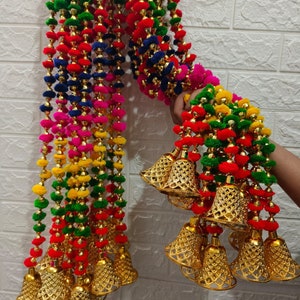 Multicolor Beads Pom Pom Garlands With Bell For Wall Hanging, Wedding Backdrop, Colorful Theme, Boho Curtain, Mexican Fiesta Christmas Décor