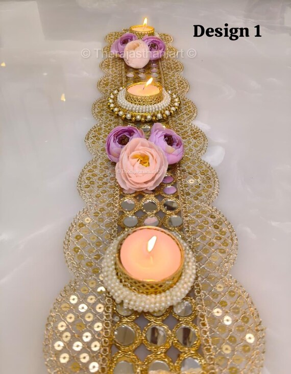 Golden Mirror Work Sequin Table Runner/mat With Tealight Candle