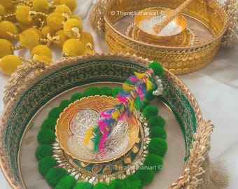 Haldi Mehndi Ceremony Platter Set | Wedding Decorative Thali with Bowl & Applicator | Pithi Plate, Dholki Tray, Haldi Mehndi Kumkum Tray