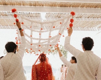 Custom Artificial Flowers Chaadar for Weddings Phoolon Ki Chadar,White Jasmine with Red Flowers & Pearls, Elegant Multi-Use Bridal Accessory