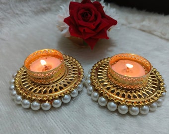 Handcrafted Pearl T-Light Holders– Royal Diwali Diyas, Elegant Candle Holders for Home Décor, Gifts,and Table Top, Indian Wedding Favor,Gift