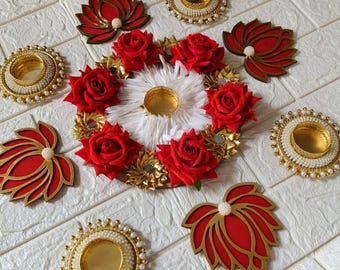 Perfect Diwali Rangoli, Temple Decoration, 9 Piece Rangoli Set, Decorative Mats, Diwali Decoration, Candle Holder, Tea Light Holder
