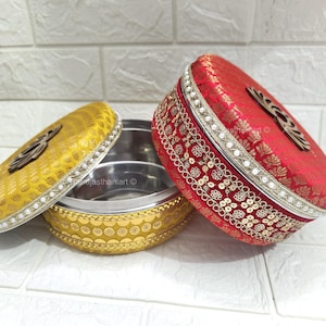 Decorative Brocade Steel Mithai Boxes | Indian Wedding Favors | Lotus Design Gift Tins | Laddoo Sweets Boxes| Pooja Return Gift Containers