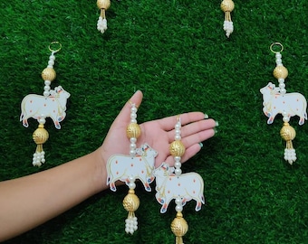 Handgefertigte Pichwai Kuh Türbehang Traditionelle Indische Wanddekoration für Diwali, Hochzeiten, Home Pooja Raum, Perlen Backdrops, Housewarming Geschenke
