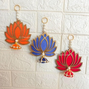 Handmade MDF Lotus Backdrop Hanging with Jhumka /Tassels Style - Lotus Decor for Pooja, Mandir, Diwali,Holi, Weddings& Festivals Decor, Gift