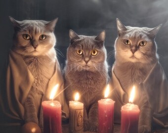 Ominöses Katzen Ritual Poster - Digitaldruck, It's Play Time, Mensch, 3 Katzen in Roben, Katzen Mönche