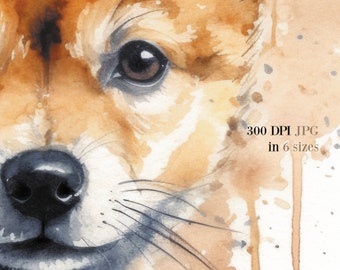 Baby Shiba Inu Aquarell Druck, "Hachi, 300 dpi, Süsser Doggo, Einzigartiges Haustier Geschenk, Kinderzimmer Dekoration, Tropftechnik, Digital Art Print."